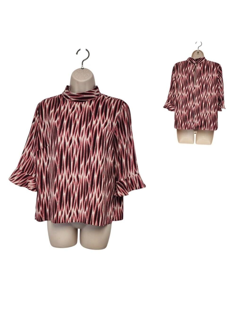 14th & Union Blouse Mock Neck 3/4 Sleeve Size M Multicolor Red/Cream